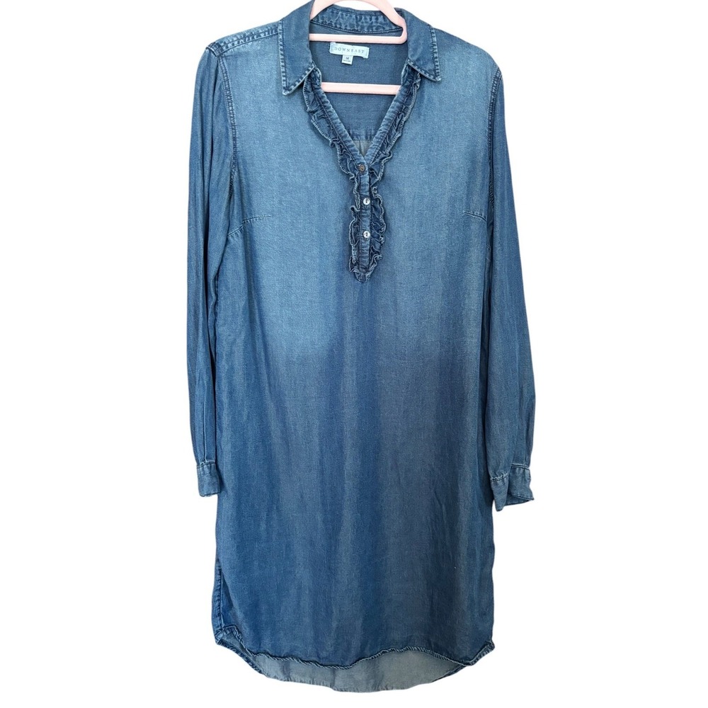 Downeast Womens Blue Lyocell Denim Look Ruffle Henley Shift Dress Medium‎